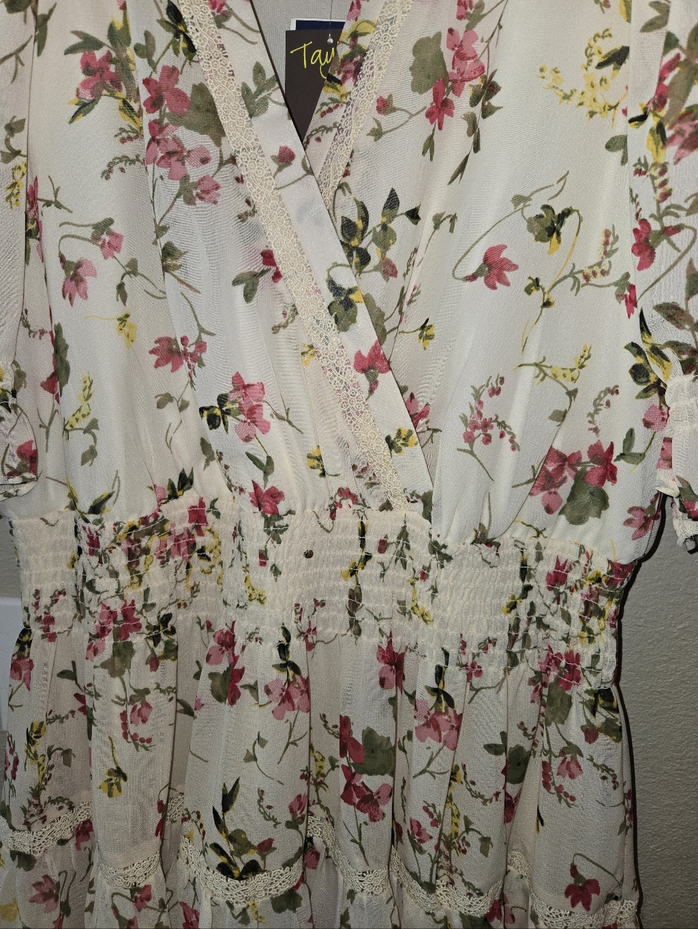 Taylor Floral Wrap-Style Tiered Dress with Lace Trim